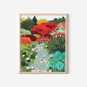 japanese garden art, colorful travel art, autumn art print, koi pond, autumn colors, japanese illustration, koi painting, fall foliage art image 1