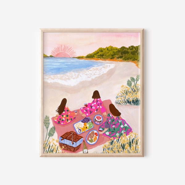 ocean travel art, colorful travel art, ocean illustration, california travel art, colorful california art, picnic art, picnic painting