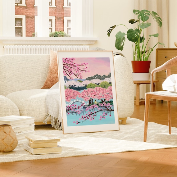 Cherry Blossom Art Print: Korea Bike Ride Gouache Painting - Etsy