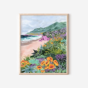 colorful california coast, california travel art, beach illustration, big sur painting, poppy illustration, california landscape