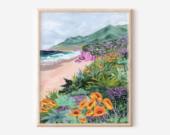 colorful california coast, california travel art, beach illustration, big sur painting, poppy illustration, california landscape