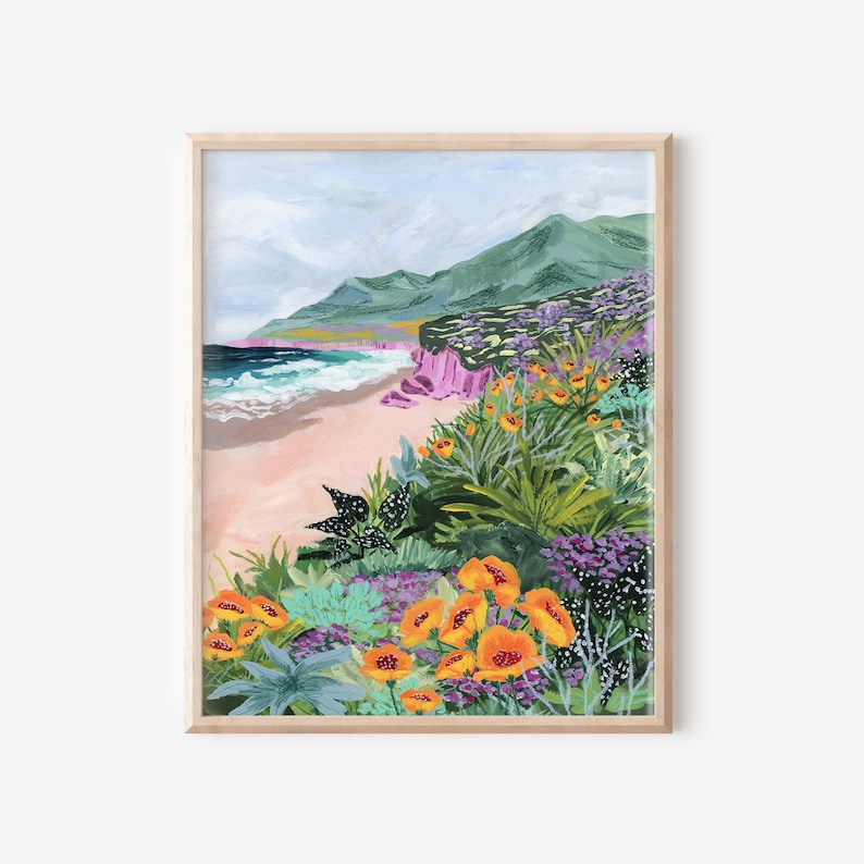 colorful california coast, california travel art, beach illustration, big sur painting, poppy illustration, california landscape image 1