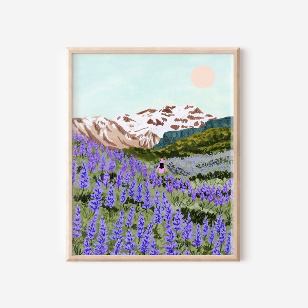 Iceland art, Iceland landscape, colorful travel art, travel painting , valley art, purple valley, purple floral art, colorful mountain art