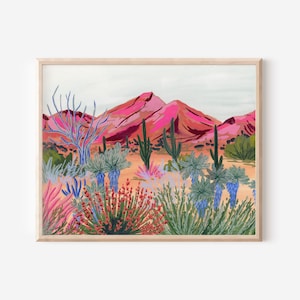 colorful desert, california desert, colorful landscape art, desert art print, colorful travel art, california landscape, pink desert, cacti
