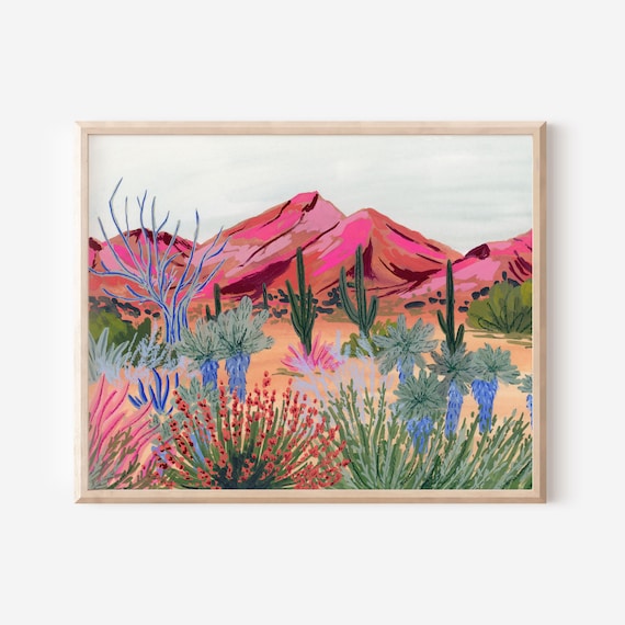 Colorful Desert Art Print: Pink Mountains, Blue Cacti