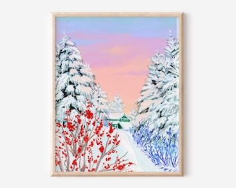 pacific northwest art, snowy landscape, cabin art, forest art, sunrise painting, pacific northwest landscape, washington mountain art