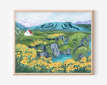 iceland art, iceland landscape, iceland illustration, iceland travel art, colorful travel art, valley landscape, valley illustration, valley