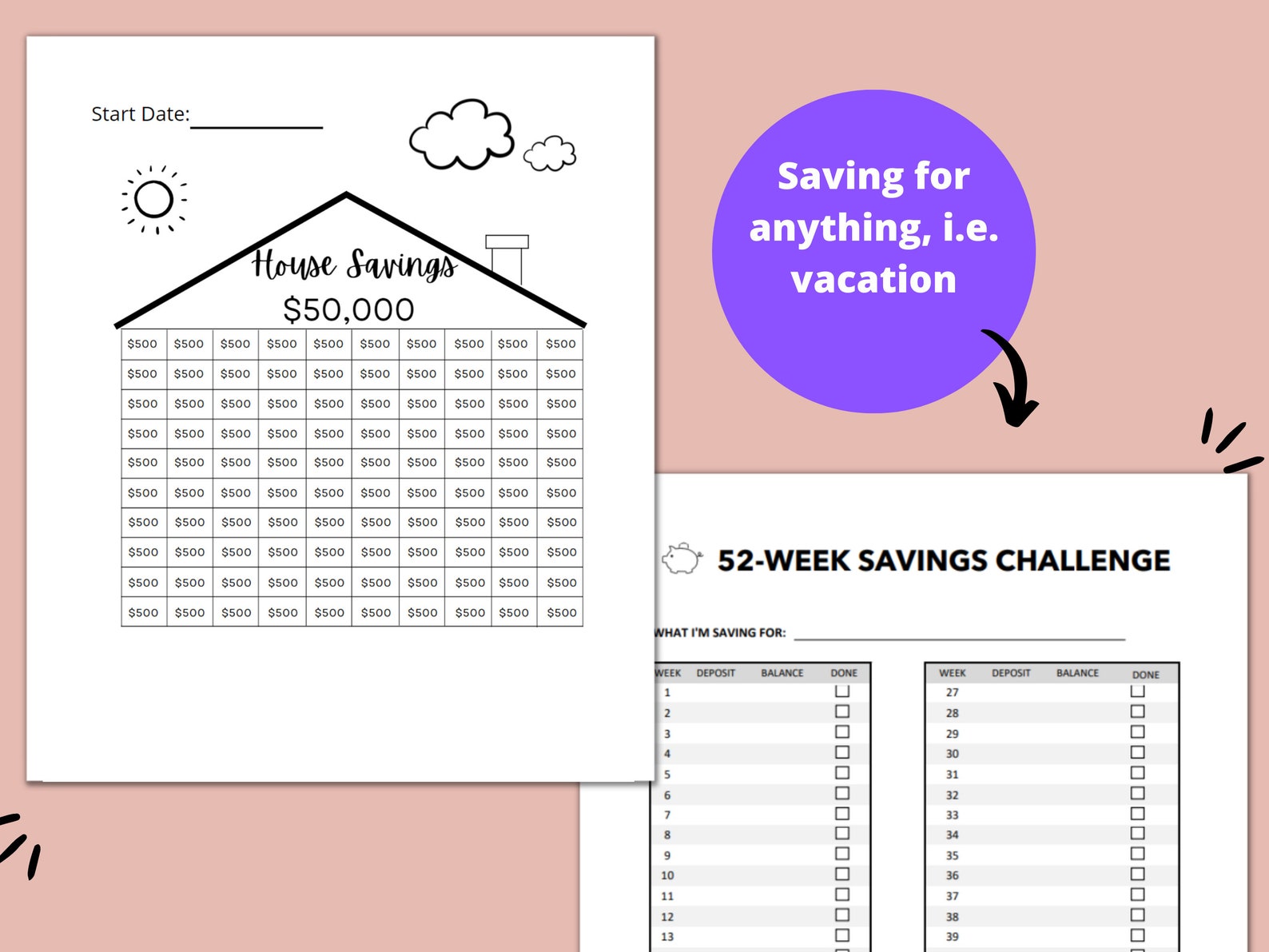 50k House Savings/house Down Payment Tracker, Printable, Savings Goal