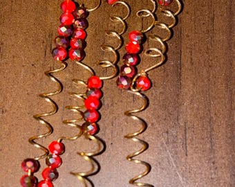 Sisterlock Loc Jewelry | Handmade Boho Hair Accessories | Red Faceted Crystal Beads with Gold Wire