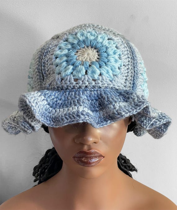 Crochet Blue and White Ruffle Bucket Hat Baby Blue Handmade Crochet Bucket Hat With Velvet Frills - Etsy main image 2