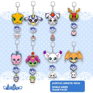 May include: Collection of double-sided acrylic keychains featuring colorful cartoon characters. Each keychain includes multiple charms and a silver-colored keyring. The text on the image reads "Acrylic Length: 10cm" and "Doble-Sided (Same Face)".
