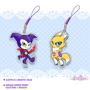 May include: Two acrylic charms featuring cartoon characters. One is purple with a red scarf and a flame, the other is yellow with blue eyes. Each charm has a purple strap. The text says "ACRYLIC LENGTH: 5CM" and "DOBLE-SIDED PRINT (GLITTER + EPOXY)".