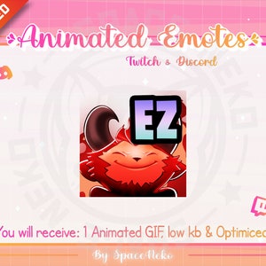 May include: Animated GIF emote featuring a red cartoon character with horns and a big smile. The character is wearing a blue and purple "EZ" badge. The emote is designed for Twitch and Discord.