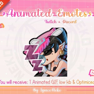 May include: Animated GIF emote of a cartoon character with pink hair and a black and white outfit sleeping. The character is surrounded by pink and white Z's. The text "Animated Emotes" and "Twitch & Discord" are visible in the background.