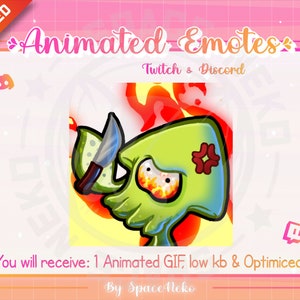 May include: Animated green and red creature with a knife, set against a fiery background. The text "Animated Emotes" is above the creature, with "Twitch & Discord" below. The text "You will receive: 1 Animated GIF, low kb & Optimized" is at the bottom of the image.