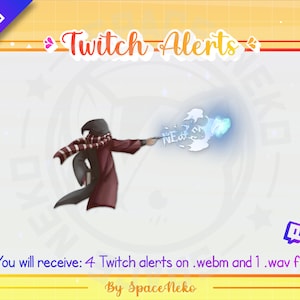 Może przedstawiać: Cyfrowa ilustracja osoby w ciemnoczerwonej szacie i szaliku, która rzuca niebieskie zaklęcie za pomocą różdżki. Tekst "Twitch Alerts" znajduje się w górnej części obrazu. Tekst "You will receive: 4 Twitch alerts on .webm and 1 .wav file" znajduje się w dolnej części obrazu. Tekst "By Space Neko" znajduje się na dole obrazu.