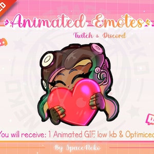 May include: Animated GIF emote of a cartoon character with brown hair, green hair, and a pink heart. The character is wearing a brown hat and a black and white outfit. The text "Animated Emotes" and "Twitch & Discord" is visible in the image.