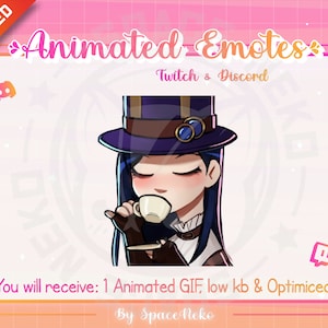 May include: Animated GIF emote of a woman with long blue hair wearing a purple and brown hat and a brown jacket, drinking from a white teacup. The text "Animated Emotes" and "Twitch & Discord" is above the image. The text "You will receive: 1 Animated GIF, low kb & Optimized" is below the image.