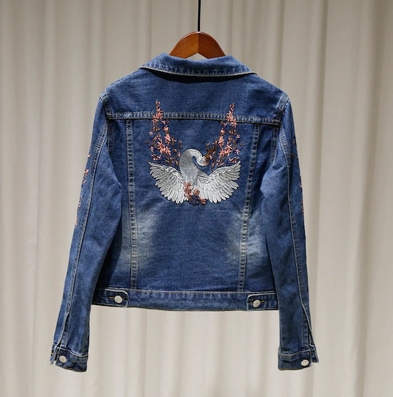 Women Embellished Handmade Embroidered Bird Design Denim Jeans | Etsy
