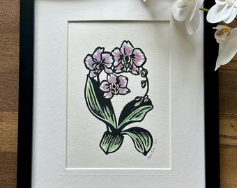 Orchideenblume handgemachter original Linoldruck oder Blankokarte
