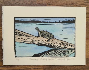Landkarte Schildkröte Original Linoldruck