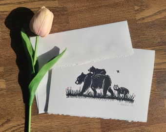 Bär und 2 Jungtiere Original Linoldruck Blankokarte