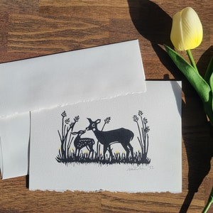 Hirsch und Kitz Original Linoldruck Blankokarte