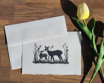 Hirsch und Kitz Original Linoldruck Blankokarte