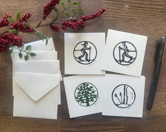 Minikarten - 4er-Set - Nordische Ski/Winter-Thema - Handbedruckt