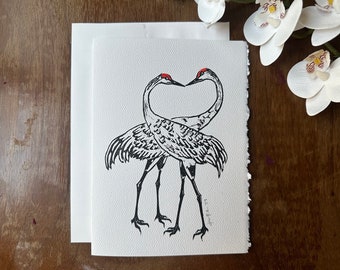 Sandhill Cranes original Linoldruck oder Blankokarte