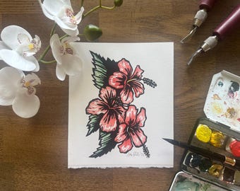 Hibiskus Blume original Linoldruck oder eine leere Karte