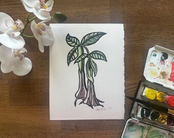 Trompetenblume original Linoldruck oder eine leere Karte