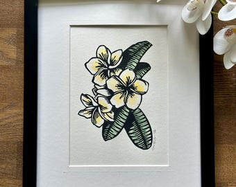 Plumeria Blume handgemachter original Linoldruck oder leere Karte
