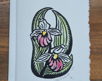 Frauenschuh Orchidee original Linoldruck Karte