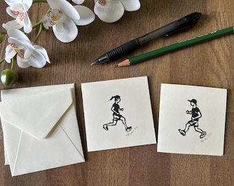 Runner Mini Karten: Handgefertigter Linoldruck, 2er-Set