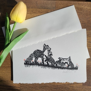 Fuchs und Junge original Linoldruck Blankokarte