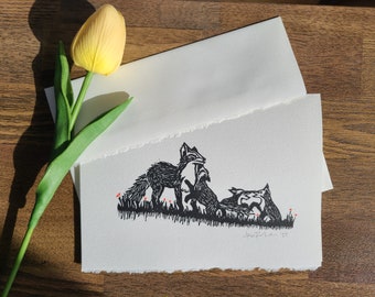 Fuchs und Junge original Linoldruck Blankokarte