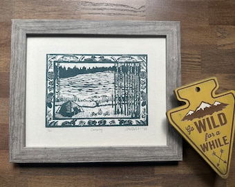Camping am See mit Flora Fauna Grenze Original Linoldruck