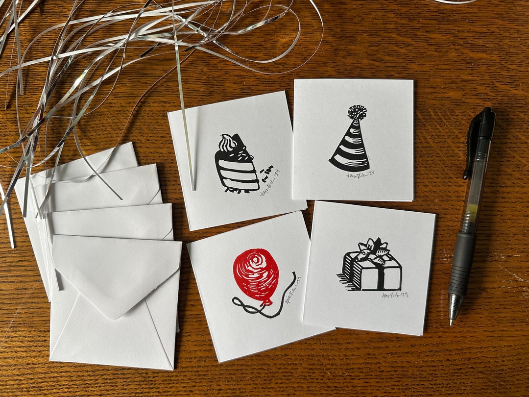 Handmade Birthday Mini Cards: Linocut Party Set of 4 - Etsy