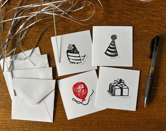 Handgemachte Mini Geburtstagskarten: Linoldruck Party 4er Set