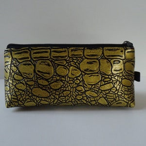 Trousse à cosmétiques, trousse à crayons, trousse à crayons, sac poubelle en cuir imitation crocodile doré-noir