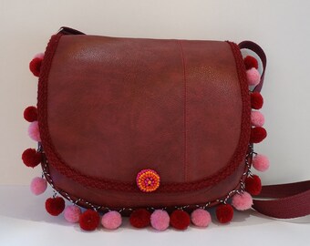 Beautiful bag made of burgundy faux leather, unique, handmade, shoulder bag, crossbody bag, women's