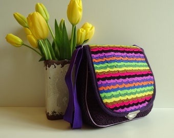 Bag made of purple structured fabric with colorful pocket flap, unique, shoulder bag, shoulder bag, crossbody bag, women
