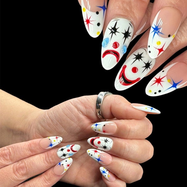 Clown nails | clown press ons | press on nails | French press on nails | white French nails | almond nails | fake nails| Pressons