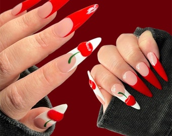 3D Cherry Stiletto Press On Nails: Red French Tip Fake Nails