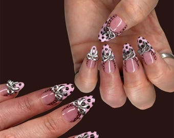 Polka Dot Press On Nails: Pink Almond Bow Nail Art