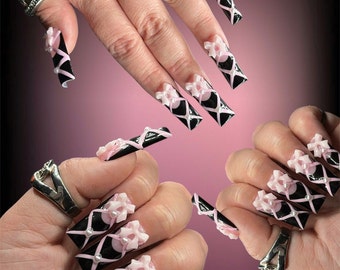 Bow nails | French nails | long square nails | press on nails | Press ons | nails | cute nails | pink bow nails