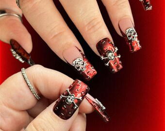 Red Halloween nails| Halloween press ons | metallic red nails| skull press ons| press on nails | nails