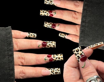 Cherry nails | leopard nails | 3d press on nails | press ons | leopard print | cherries design | spring nails