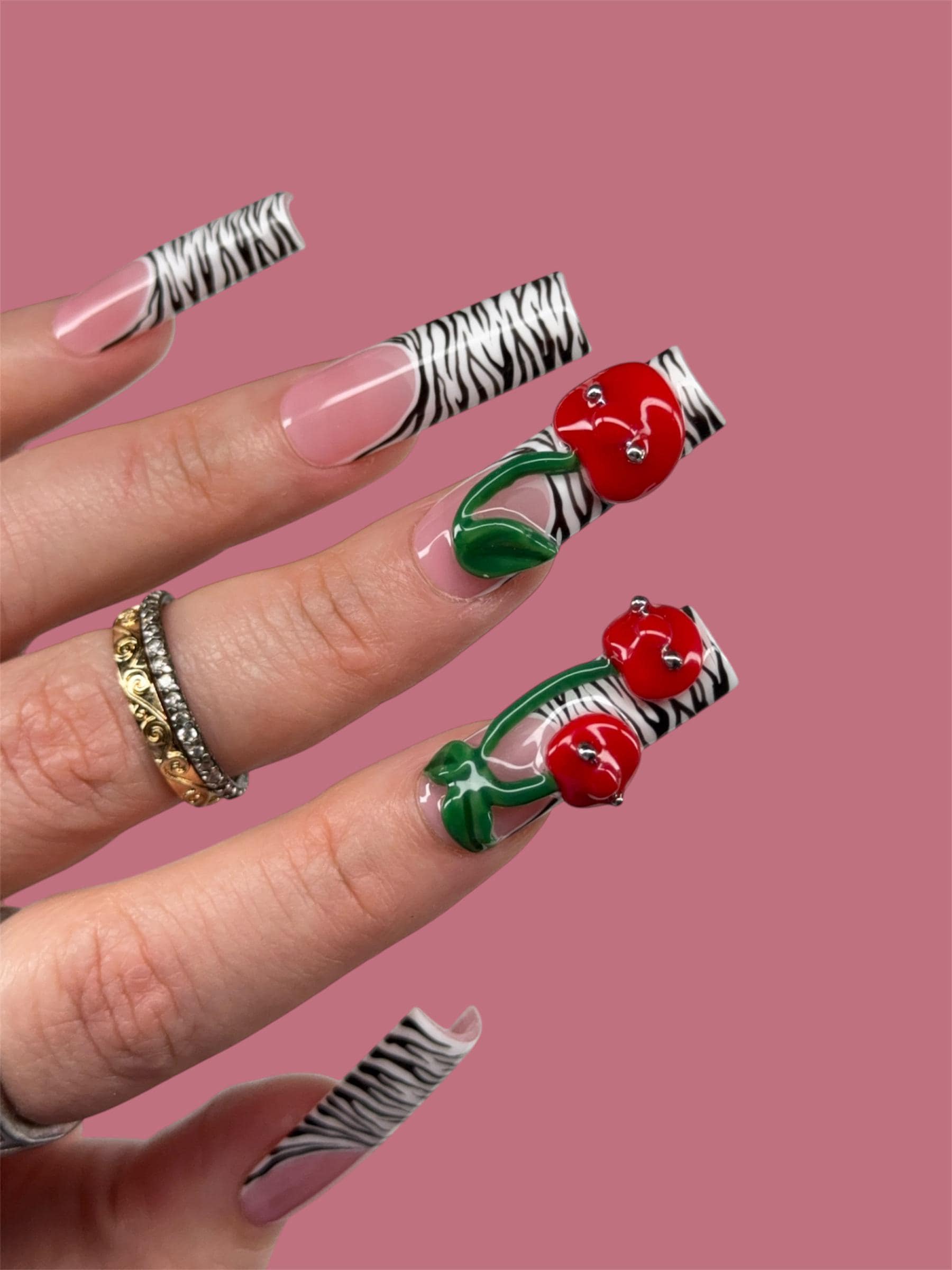 3D Cherry Pierced Press on Nails: Zebra Print Summer Nails - Etsy